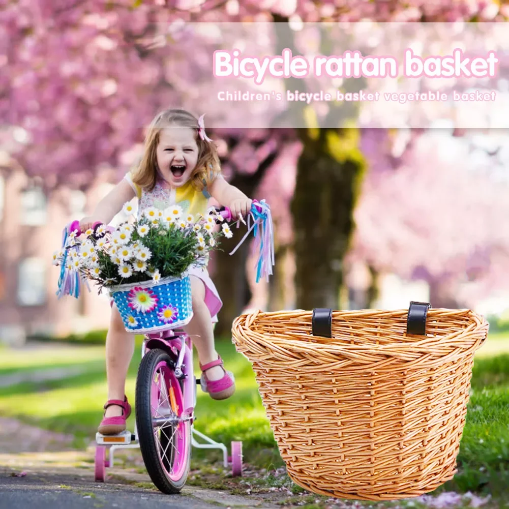 

Rattan Basket Handle Bar Wicker Hand Woven Carrier Cycling Scooters Front Bag Kids Bike Riding Cargo Storage
