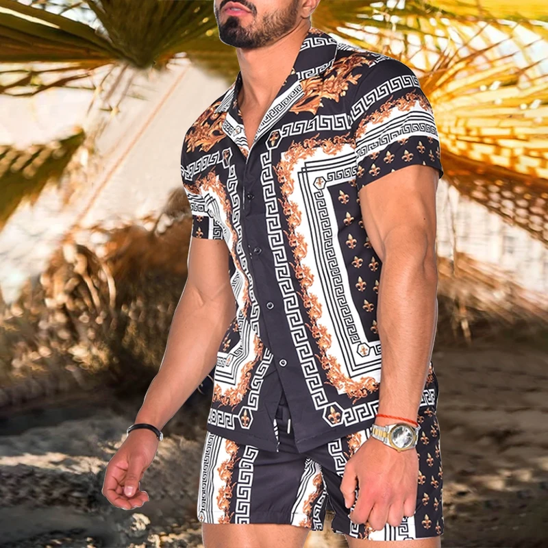 

Terno Masculino De Verão Moda Casual Camisa De Lapela + Shorts De Praia Férias Havaí Masculina Conjunto De 2 Peças Retro Estampa