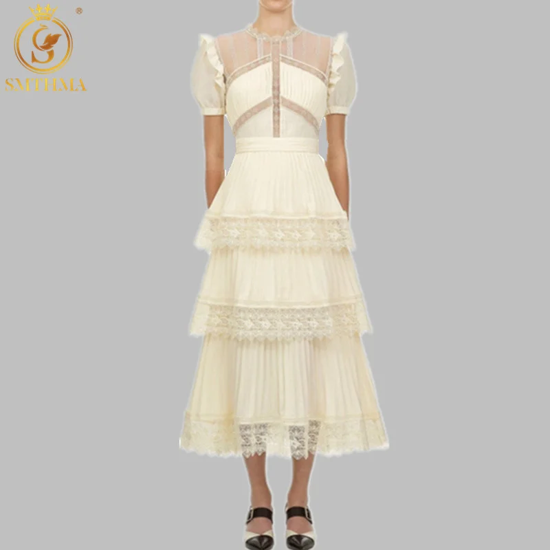 

HMA 2022 New Arrival Beige Lace Long Dress High Qulity Luxury Design Runway Dress Short Sleeve Ruffle Summer Dresses Vestidos