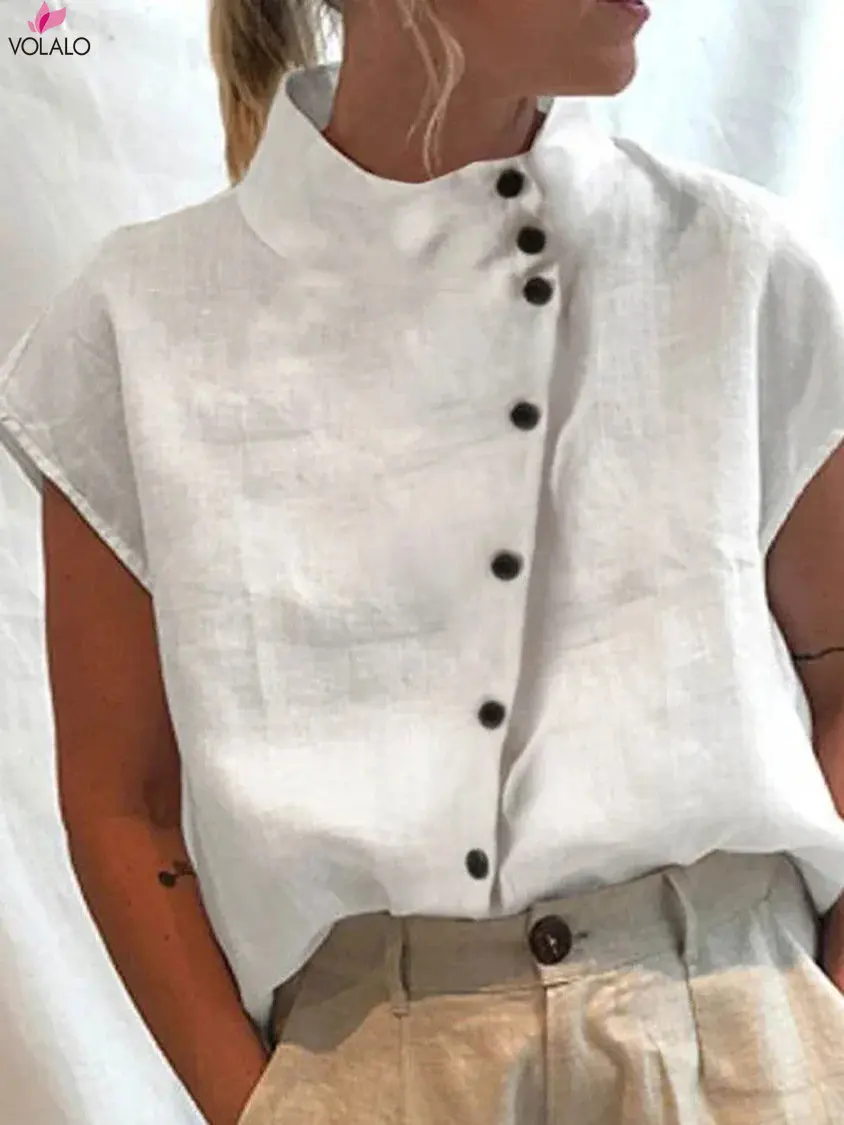 

VOLALO Women Summer Blouses 2023 Fashion Cotton Linen Blusas Lightweight White Shirt Casual Chic Tunic Tops Oversized Clothing