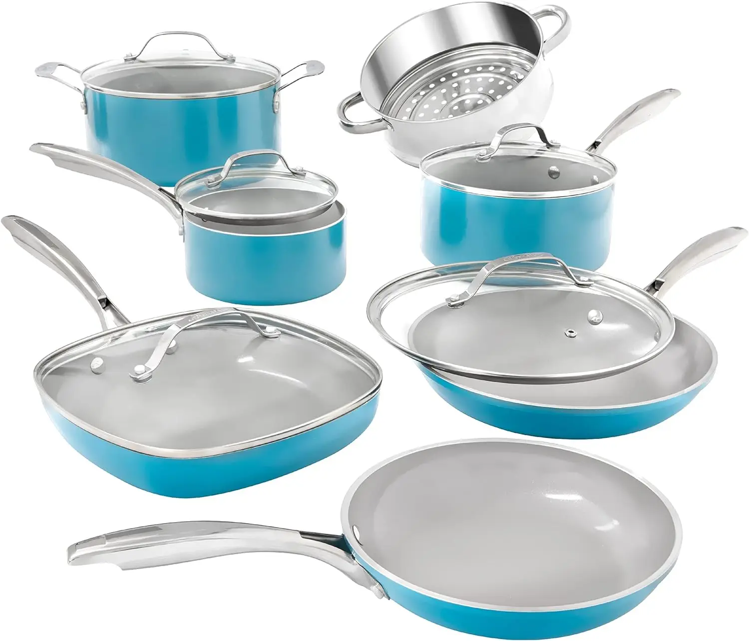

Blue Pots and Pans Set, 12 Piece Nonstick Ceramic Cookware Set, Includes Frying Pans, Stockpots & Saucepans, Stay Cool Handl Pla
