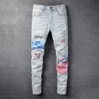 Американсветильник-голубые уличные брюки 2022, трендовые джинсы в стиле пэчворк с принтом пейсли, мужские джинсы в стиле хип-хоп