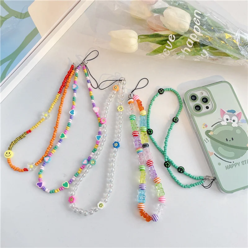 

New Trendy Colorful Acrylic Beads Mobile Phone Chain For Women Girls Cellphone Strap Anti-lost Lanyard Hanging Cord Jewelry