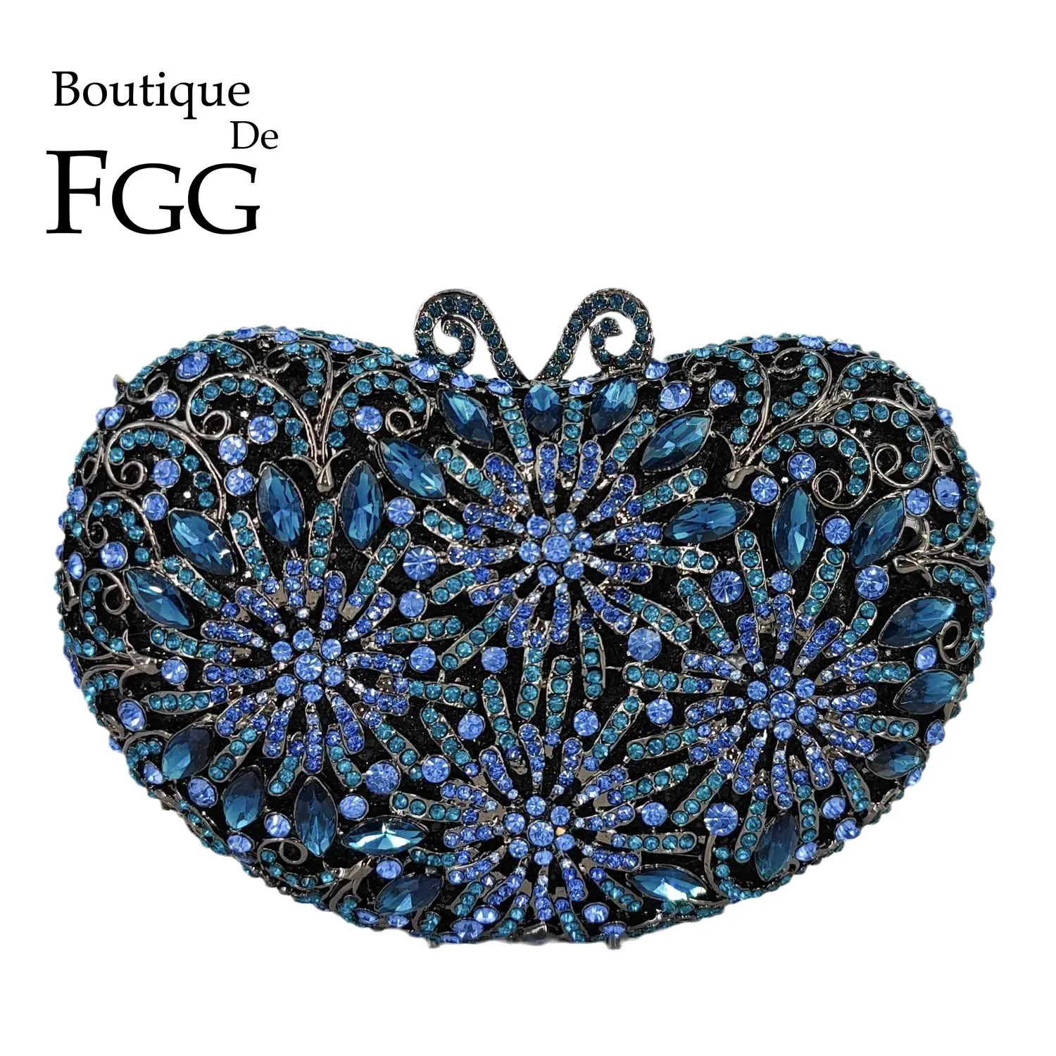 Boutique De FGG Navy Blue Heart Shape Women Flower Clutch Ev