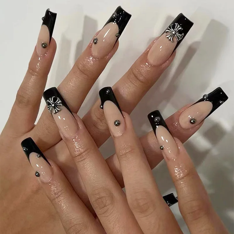 

24pcs Black French False Nails Extra Long Fire Pattern Coffin Fake Nails with Glue Fingernail DIY Faux Ballerina Nail Art Tips