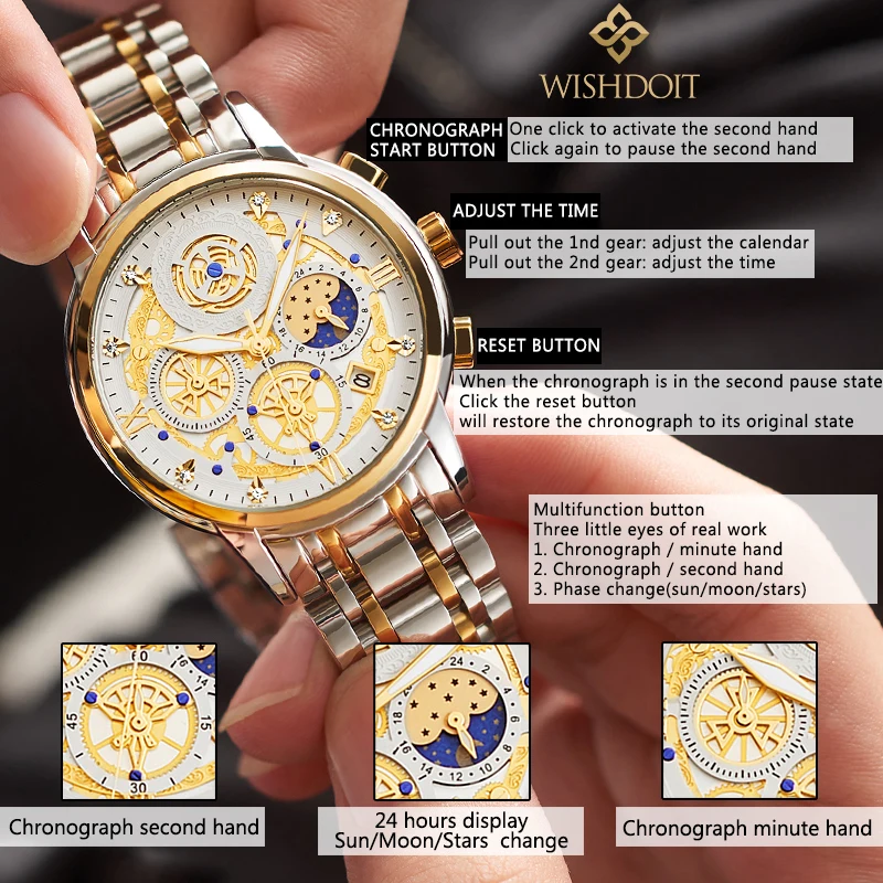 Waterproof Stainless Steel Quartz Analog Fashion Business Sun Moon Star Wristwatches Top Brand 6