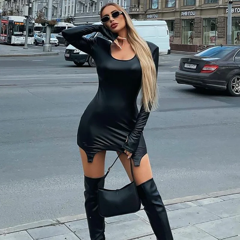 

Однотонное платье Zoctuo с длинным рукавом и U-образным вырезом, необычное мини-платье на шнуровке, осень 2021, женские модные сексуальные наряды ...