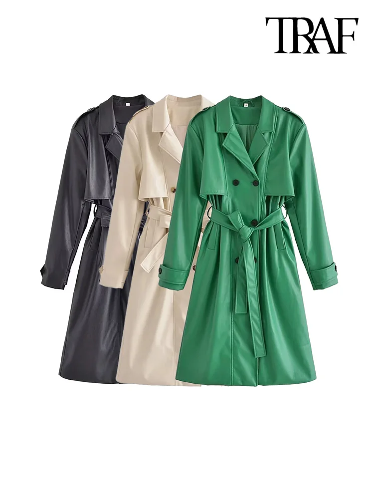 TRAF Women Fashion With Belt Faux Leather Trench Coat Vintage Long Sleeve Front Button Female Outerwear Chic Overcoat