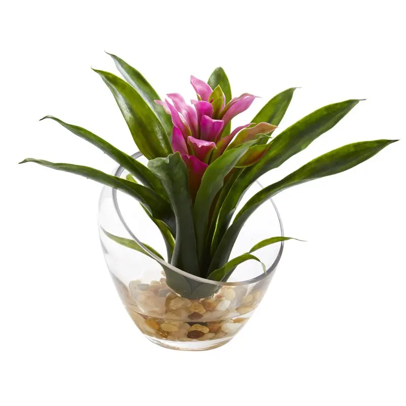 

Elegant Yellow Artificial Tropical Bromeliad Flowers in an Angled Vase, Perfect for Home and Office Decor.