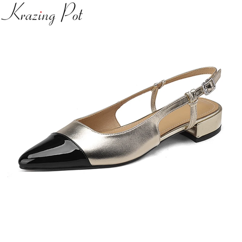 

Krazing Pot Big Size 43 Cow Leather Low Heel Round Toe Mixed Colors Spring Autumn Shoes Office Lady Brand Slingbacks Women Pumps