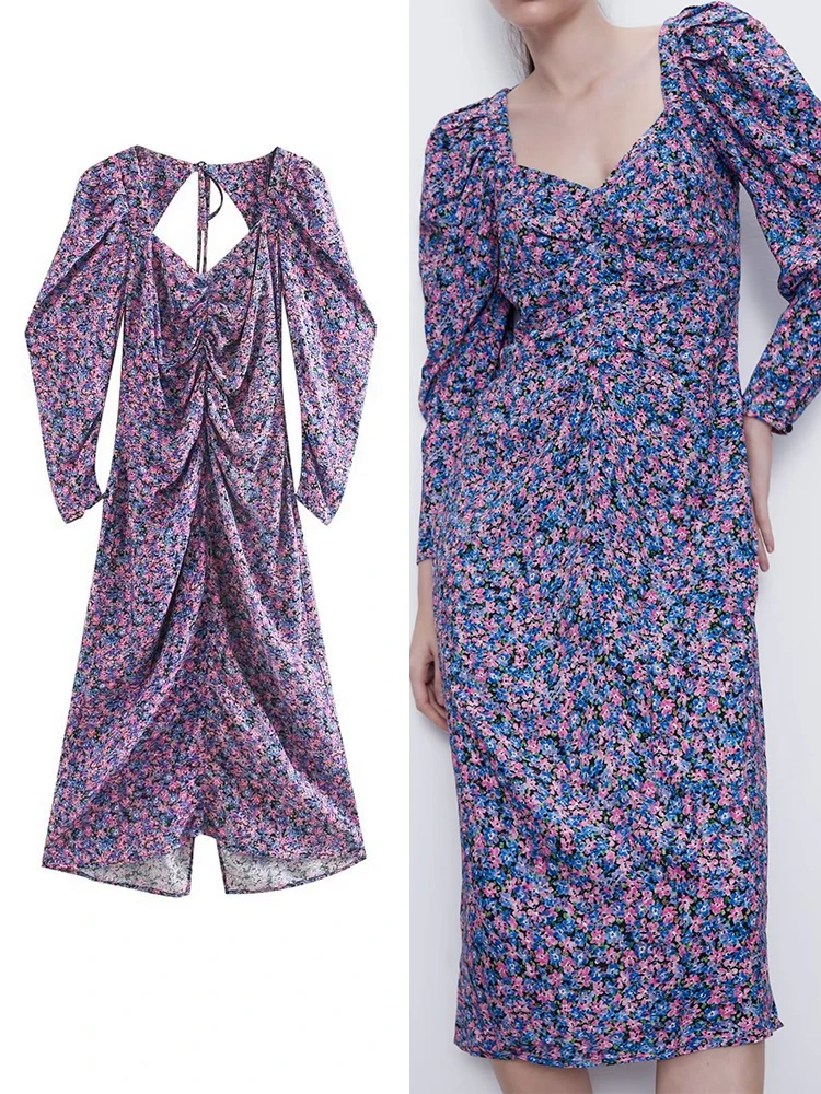 

TRAF 2023 Fashion Women Print Dress New Summer Elegant Female Square Collar Princess Sleeve Chic Back Lace Up Pleated Long Dress