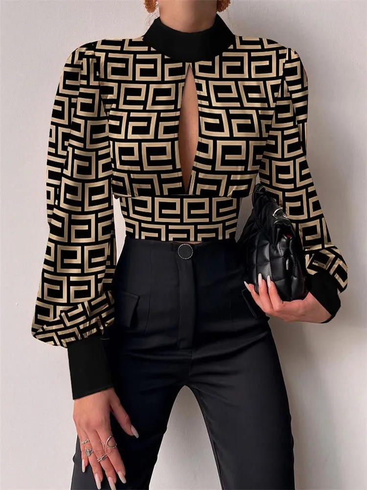 

Fashion Woman TOP 2023 Y2k Clothes Geometric Print Tied Detail Backless Puff Lantern Sleeve Top My Orders Casual Ropa MujerFemme