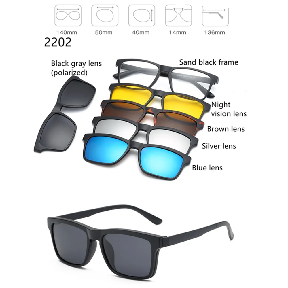 

5 Lenes Men Custom Polarized Optical Magnetic Sunglasses Clip Mirrored Clip on Sunglasses Polarized Clip on Sun Glasses Frame