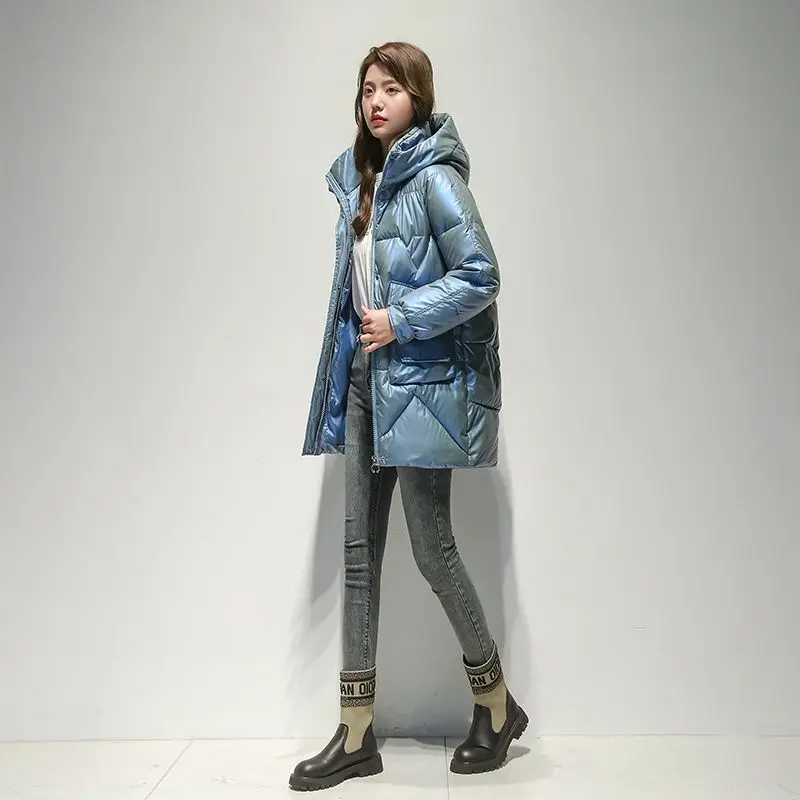 Parkas Women 2023 New Winter Jacket Glossy Long Coat Cotton Padded Hooded Parkas Jackets Thick Warm Female Outwear Pockets S48
