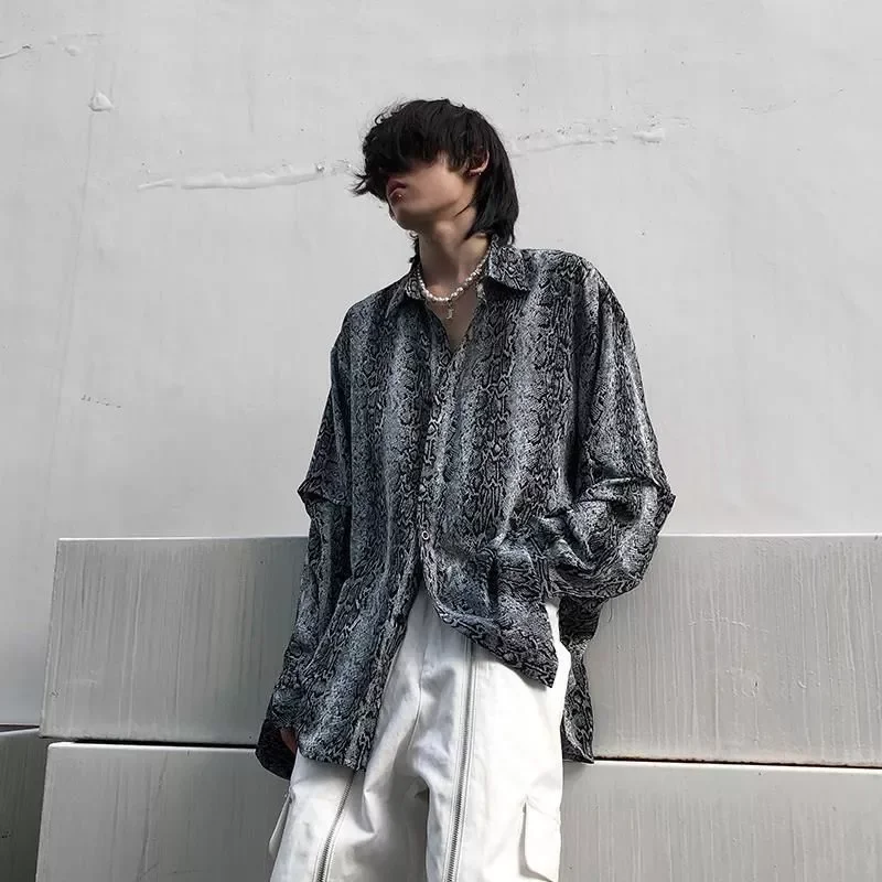 

2022New vintage leopard shirt men women's design drape loose detachable fake two long-sleeved shirts punk goth hip hop blous