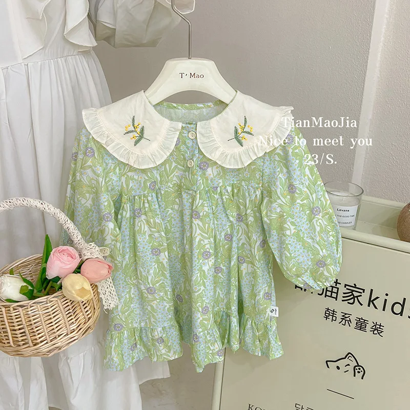 

Cute Baby Girls Dresses 1-8 Yeas Girl Flower Embroidery Collar A-Line Princess Dress Spring Summer Korean Style Floral Print