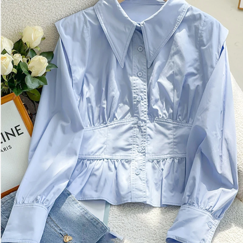 

Women Tops Solid Color Folds Blouse Turndown Collar Long Sleeve Tunic Shirts Fashion Korean Casual Blouses 2023 Blusas De Mujer