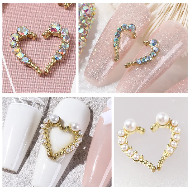 

A Pair Zircon Half Heart Nail Art Charms Pearl/Diamond Decorations Ornate Metal Alloy 3D Manicure Rhinestones Accessories 2pcs