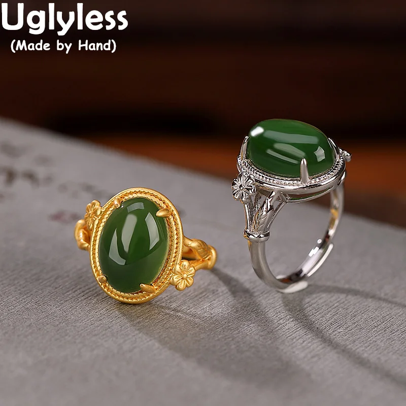 

Uglyless романтическая лампа для женщин Этническая мода большие драгоценные камни кольца Hotan натуральный зеленый нефрит Jasper ювелирные изделия ...