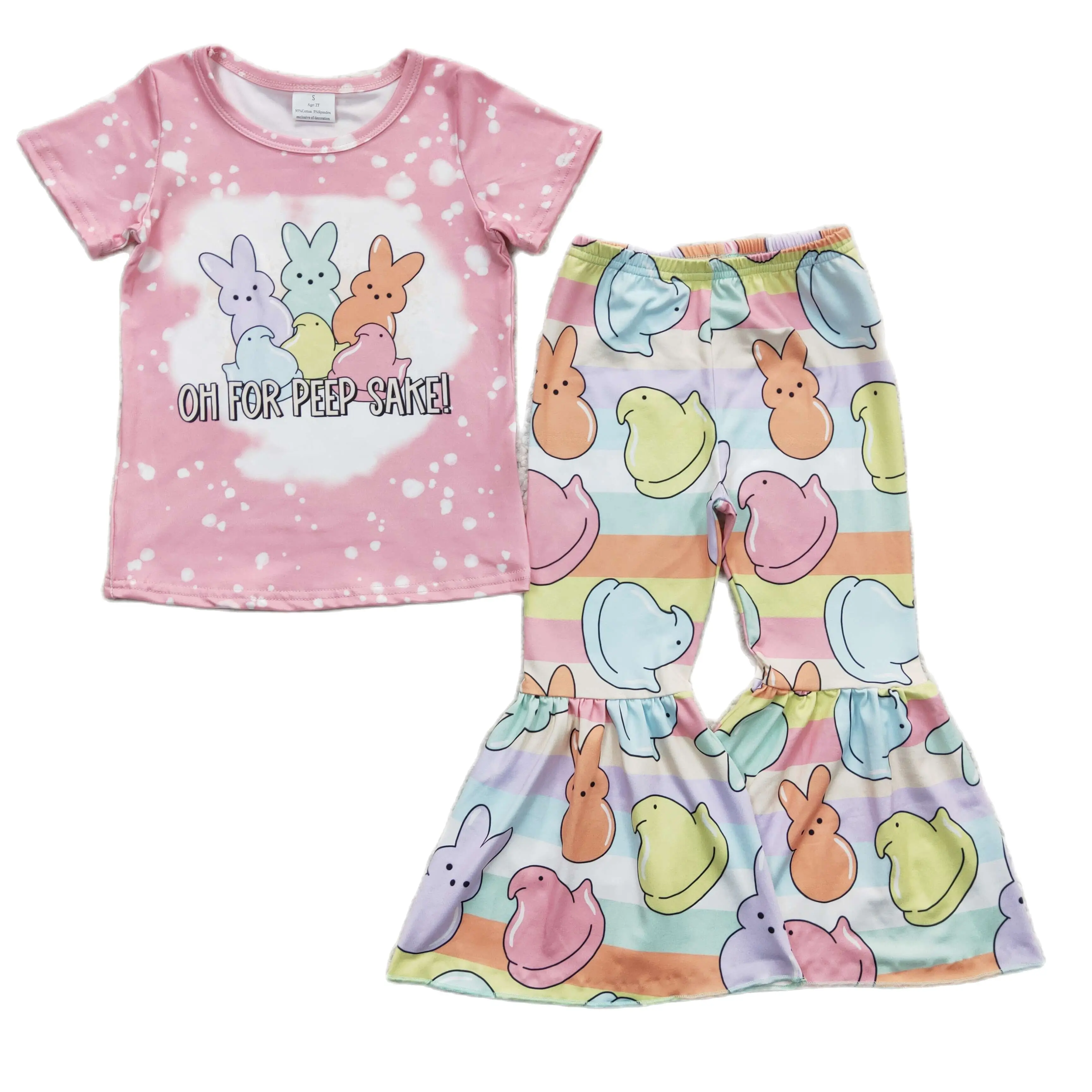 

GSPO0435 Toddler Girls Clothes Boutique Wholesale Easter Colorful Bunny Pink Short Sleeve Trousers Set