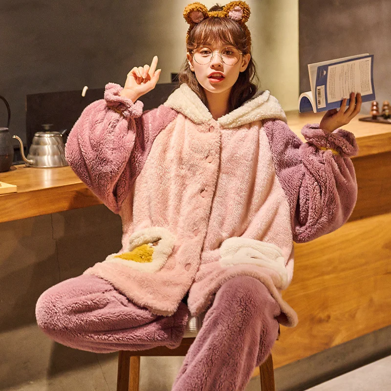 FUNISHI Cartoon Plush Pajama Set Women Sleepwear Medium Style Winter Pajamas Plus Size Coral Fleece Loose Version Inspissate