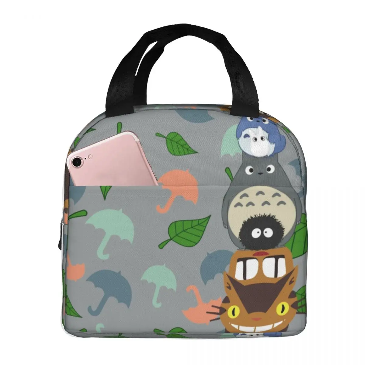 

Totem Totoro Lunch Bag with Handle Umbrella Leaves Print Cool Cooler Bag Carry Work Aluminium Thermal Bag