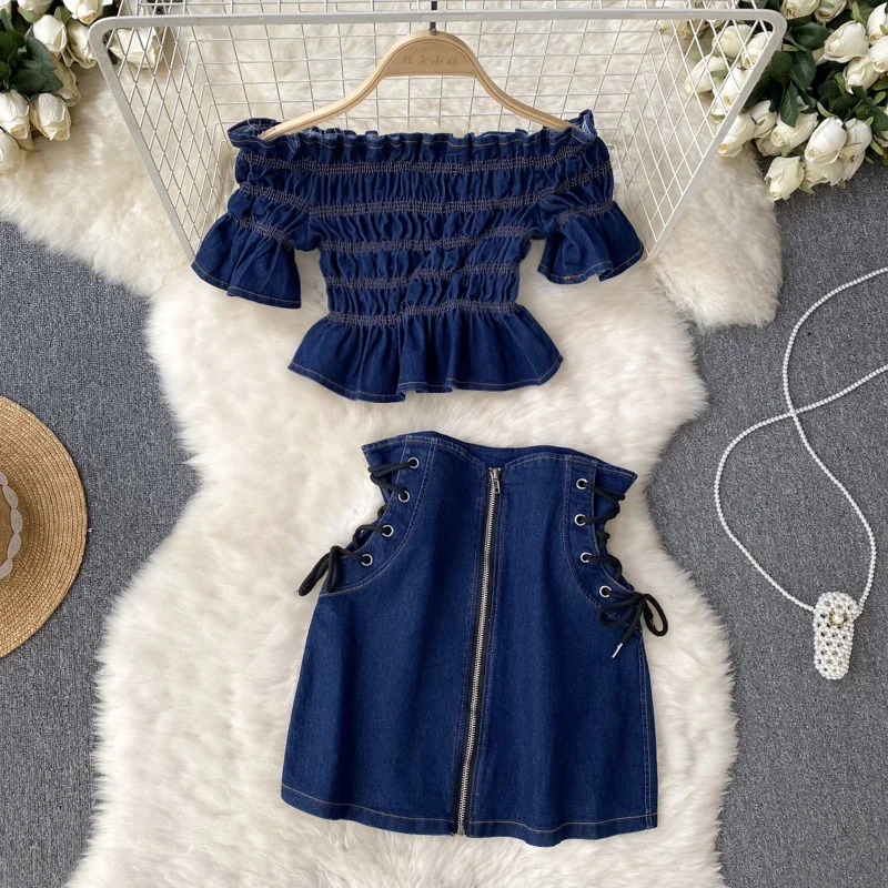 

Женские джинсовые комплекты из 2 предметов, высокие эластичные Короткие топы с открытыми плечами и облегающая юбка на шнуровке, модная женская одежда в Корейском стиле