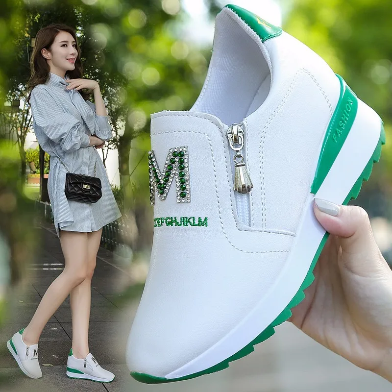 

2022 Platform Wedges Women's Sneakers Spring High Quality Rhinestone Mesh Breathable Increased Women's Shoes Casual Shoes 35-39