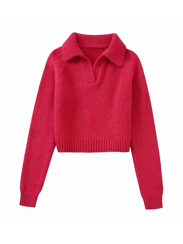 

TRAF Women Red Knitted Sweater 2022 Autumn Winter Warm Loose Polo Collar Long Sleeve Female Pullover Chic Soft Tops