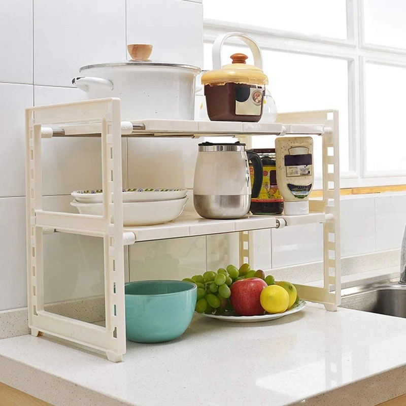 

2 Tier Extendable Sink Shelf Adjustable Under Sink Rack Multifunctional Storage Rack For Kitchen Bathroom Cabinet