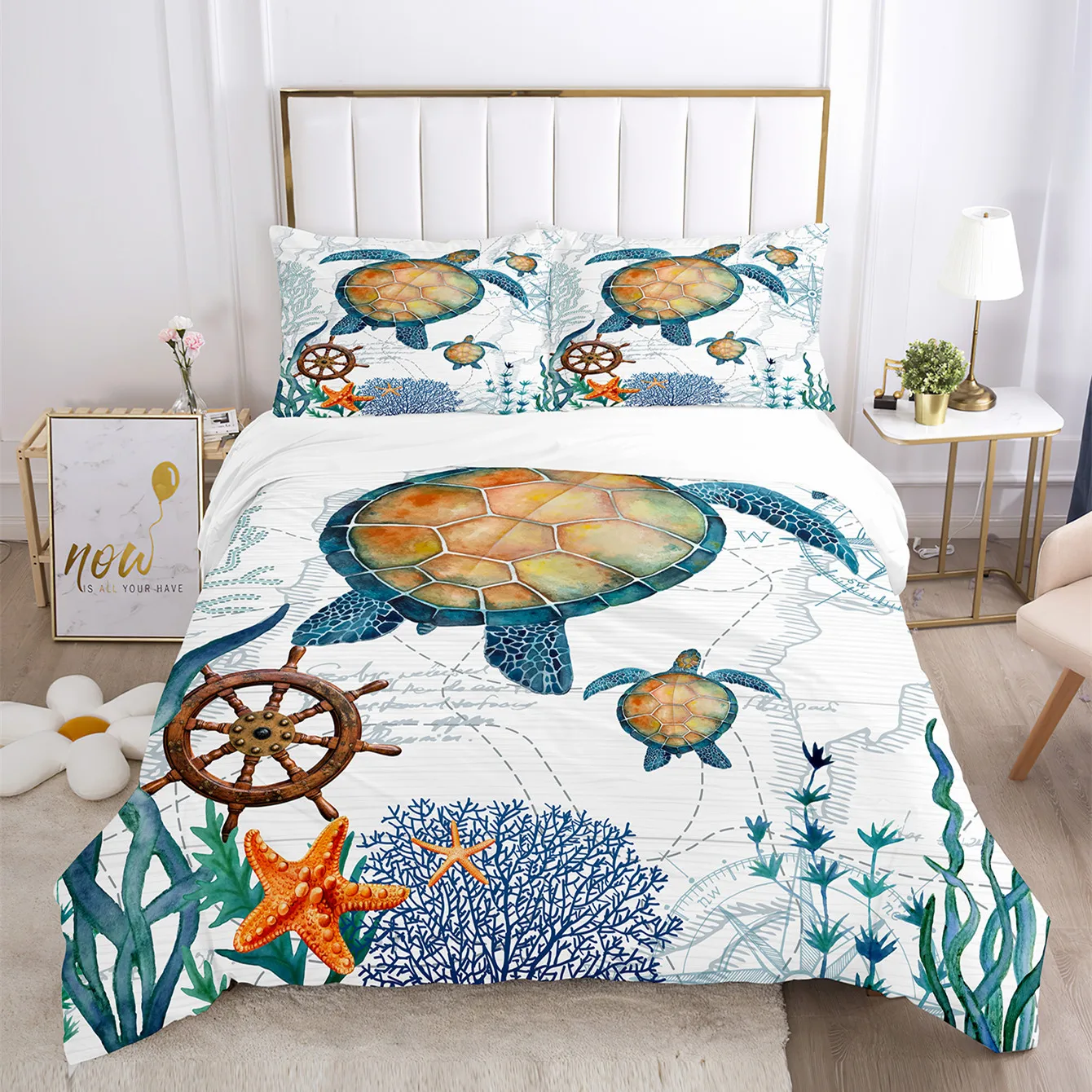 

Sea Turtle Bedding Set Boy Turtles Comforter Cover Beach Turtle Bed Set Teal Aqua Abstract Tortoise Duvet Cover for Kids Girls