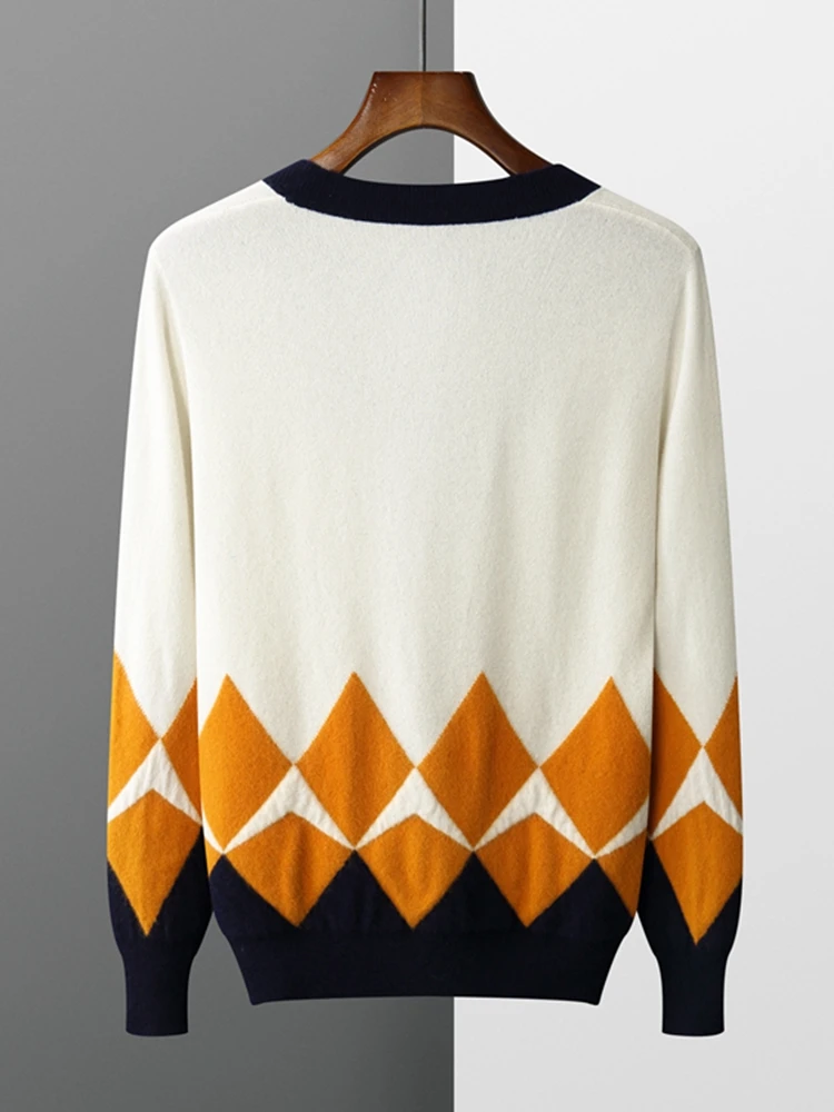 100% Pure Wool Men's V-Neck Jacquard Cardigan Autumn and Winter New Color Blocking Cashmere Sweater Casual Knitted Loose Tops