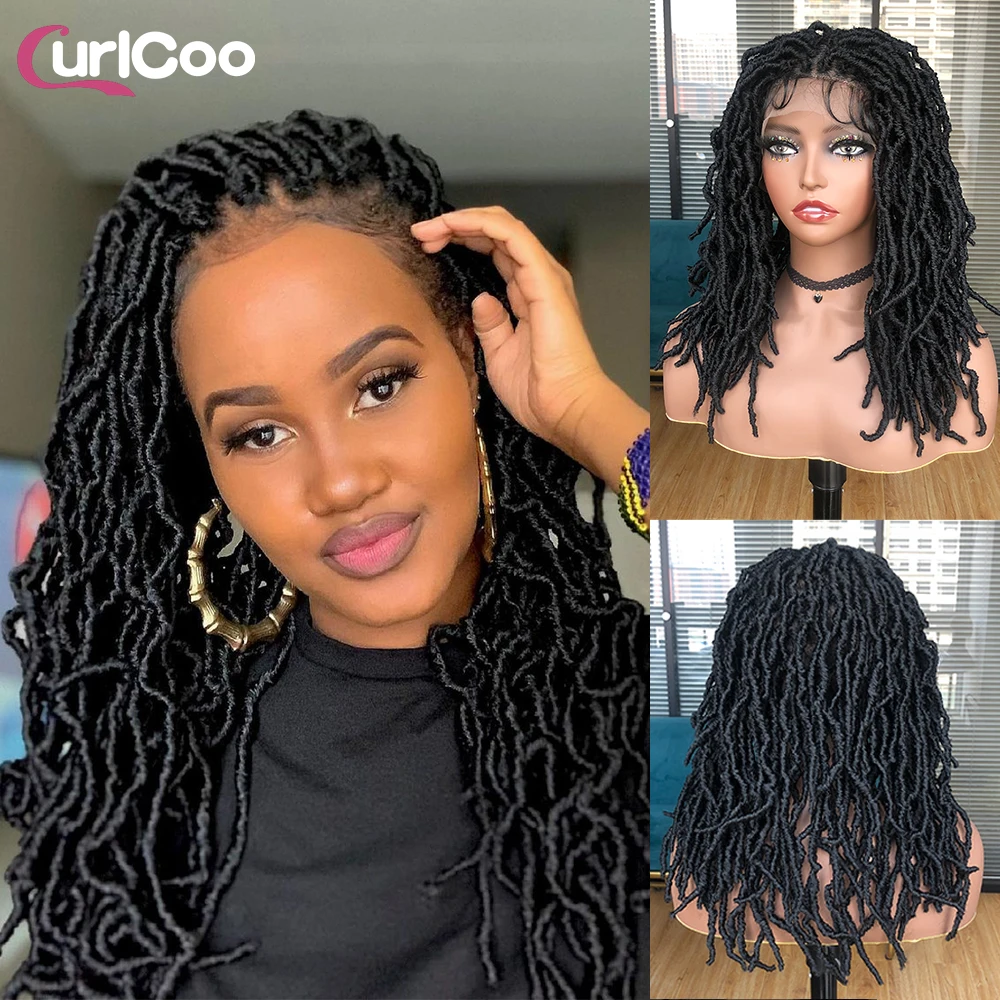Black Full Lace Faux Locs Braided Wig for Black Women18Inch Curly Hair Hand-braided Synthetic Crochet Braids with Baby Hair