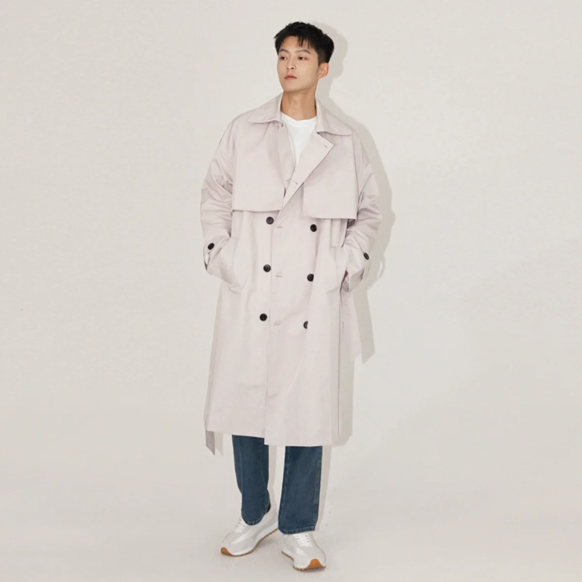Men's Windbreaker, Medium Length, Autumn Korean Style, Loose High-class Knee Length Coat, Double Breasted Coat  Trench Coat Men
