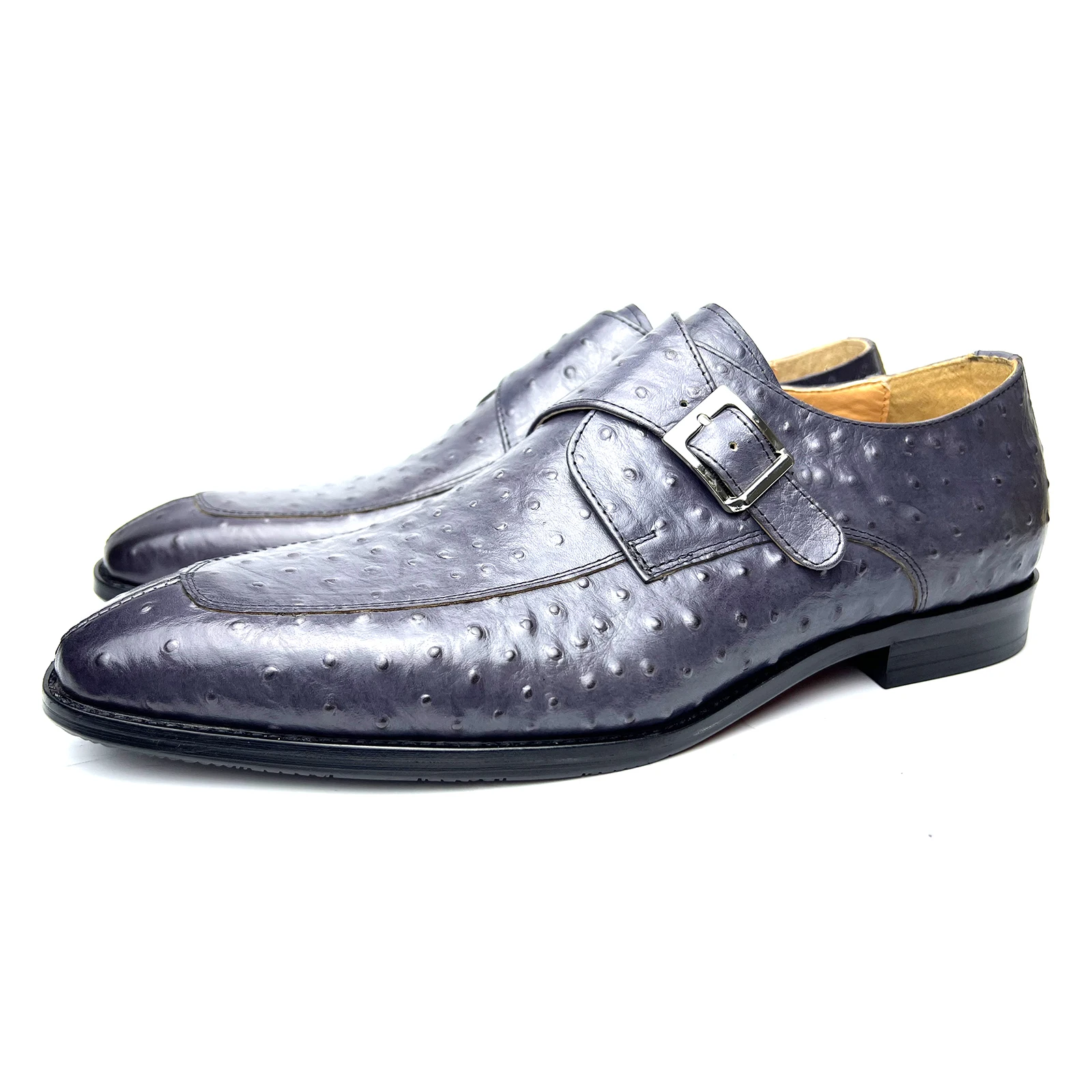 Brand Designer Men Dress Shoe Classic Genuine Leather Buckle Monk Strap Men's Grey Office Party Formal Mens Shoes