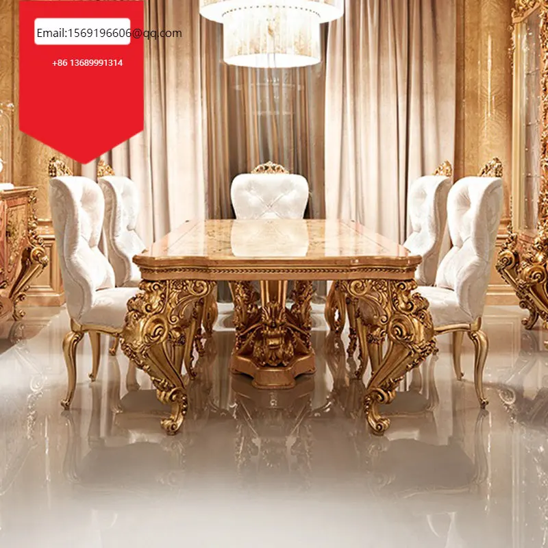 

Custom European style all solid wood carving flower dining table and chair combination villa restaurant 6-person long table