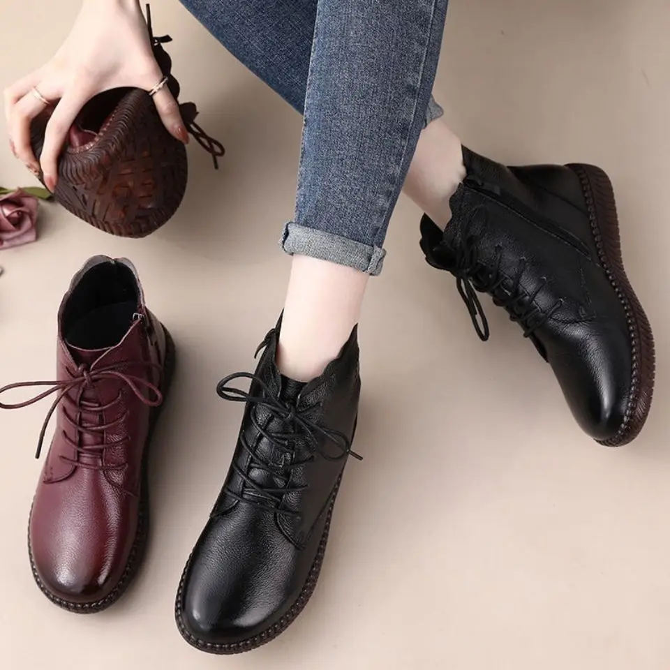 

Simple Lace Up Ankle Boots Women's Spring Autumn Oxford Shoes Flat Leather Shoes Ladies Short Plush Boots Zipper Black Booties