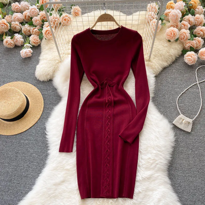

Women Sexy Sweater Dress Autumn Winter O-neck Long Sleeve Bodycon Knitted Dress Slim Elastic Knee Length Pencil Dress Vestidos