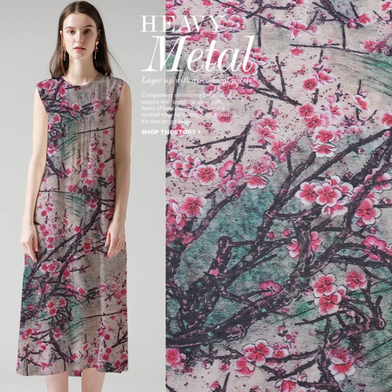 

Pure Silk Fabric Spring Digital Print Red Plum Pattern Linen Blend Dress Cheongsam Breathable Comfortable Fabrics by the Meter