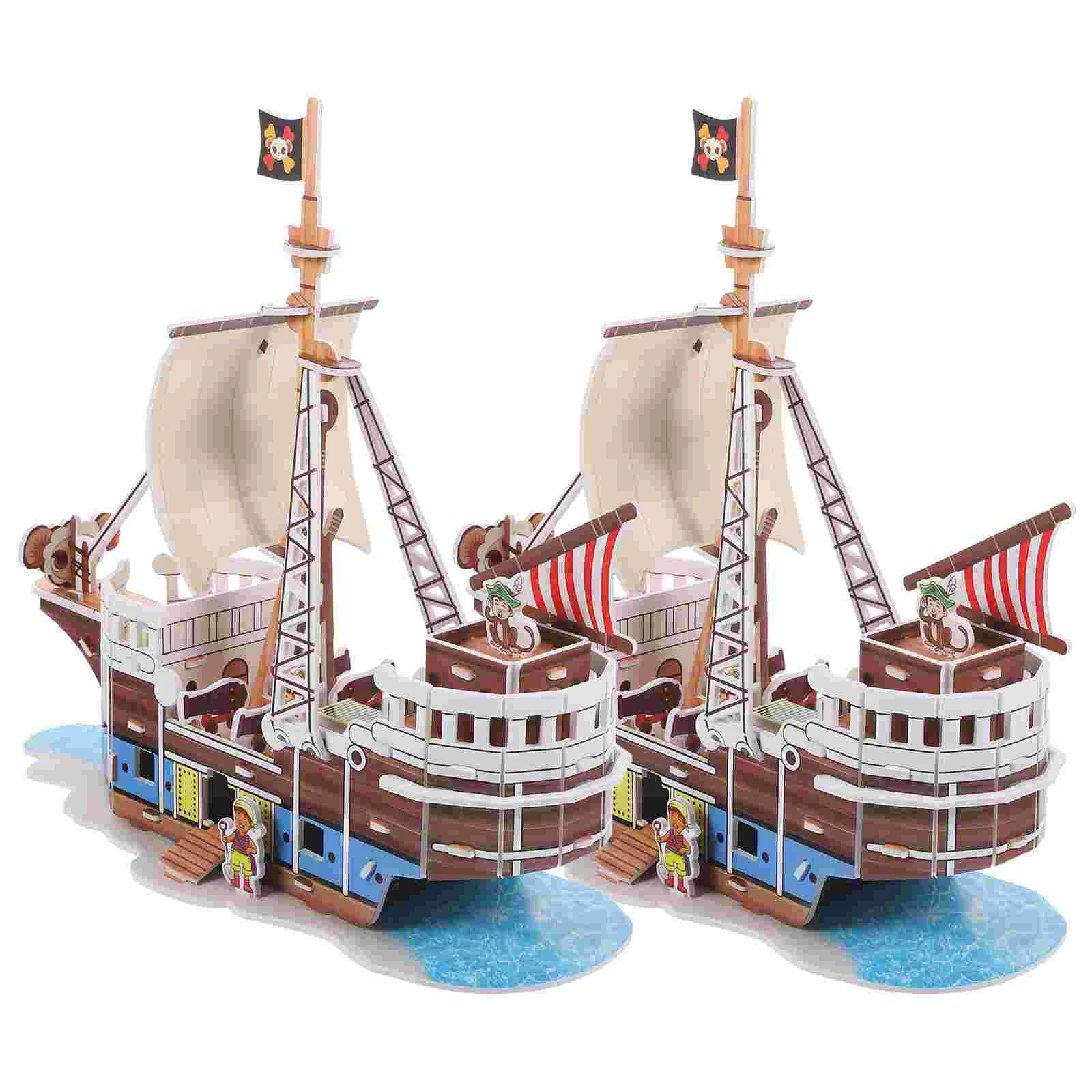 

2 Sets Pirate Ship Puzzle Paper 3d Puzzles Kids Ages 4-8 Sailboat Model Adult-toys Adults