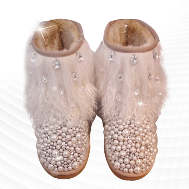 

Коричневые полусапожки из лисьего меха и жемчуга, реальные модели и сапоги для снежной погоды, женские сапоги большого размера 35-44