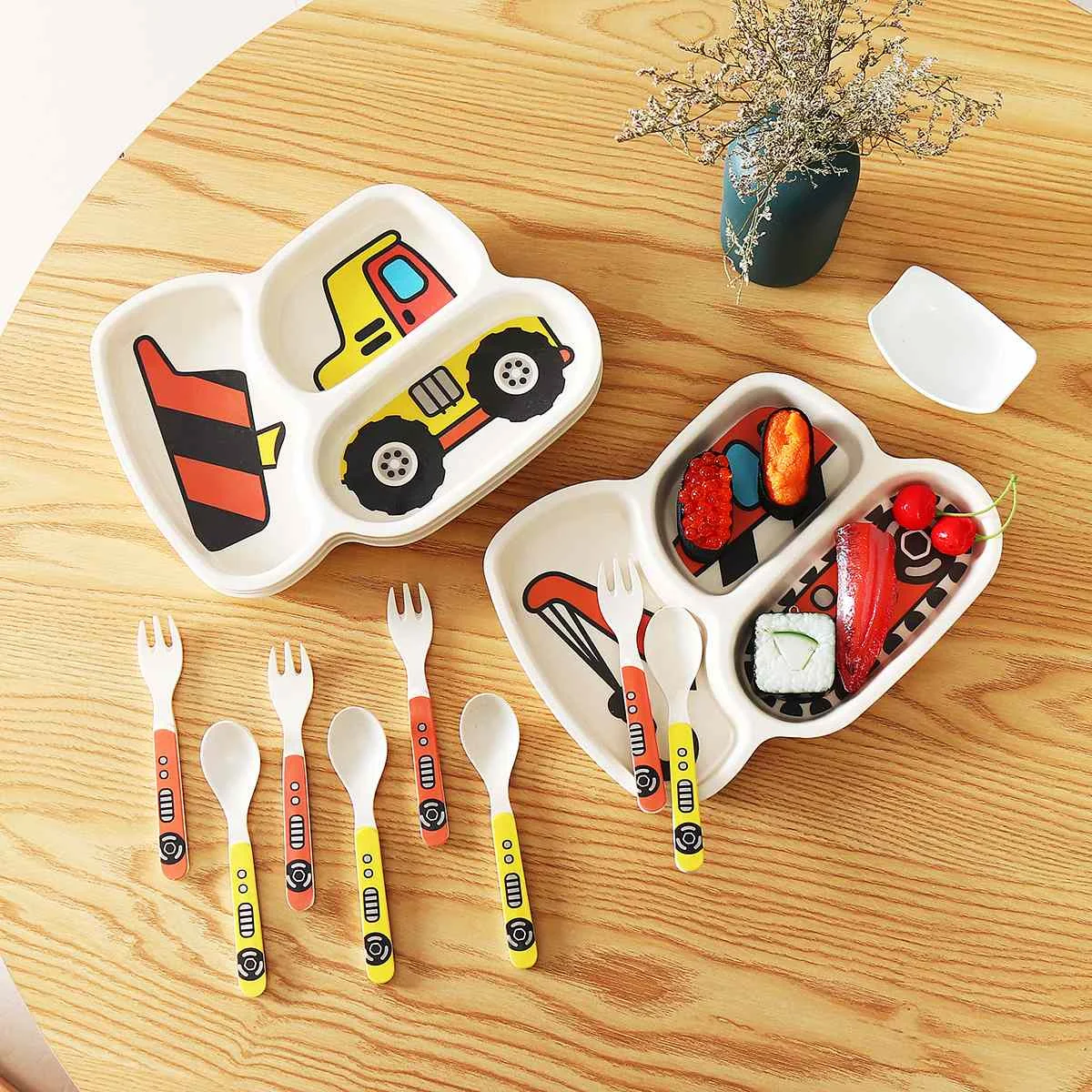 

3pcs/Set Bamboo Fiber Baby Cartoon Eating Tableware Kids Dinner Plate Toddler Feeding Dishes Children Training Bowl Spoon Fork