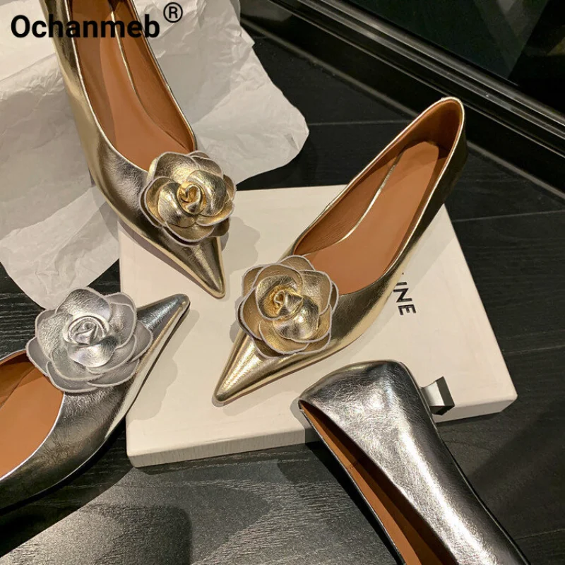 

Туфли-лодочки Ochanmeb женские из натуральной кожи, с острым носком, на каблуке с котятами, модные элегантные туфли для офиса, золотистые/Серебристые