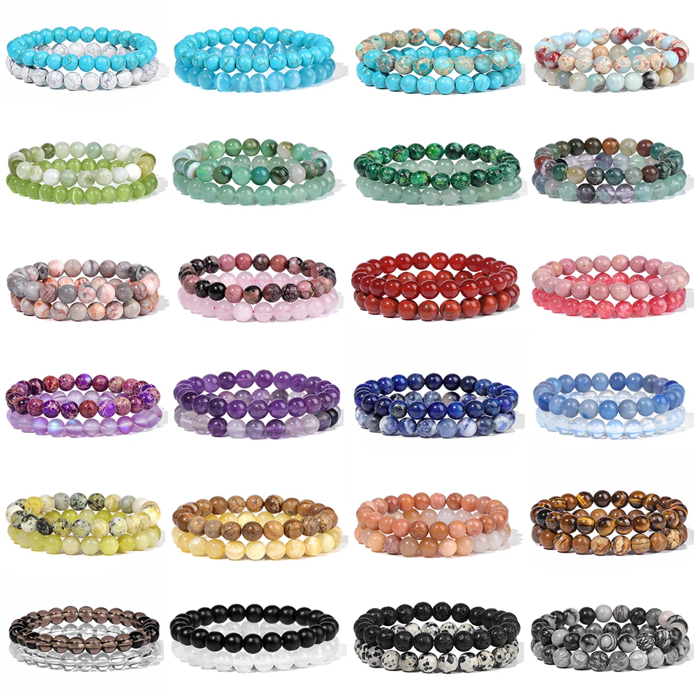 

2Pcs/Set Natural Stone Bracelets For Women Men 8mm Crystal Beads Bracelet Set Turquois Amethysts Agates Energy Meditation Bangle