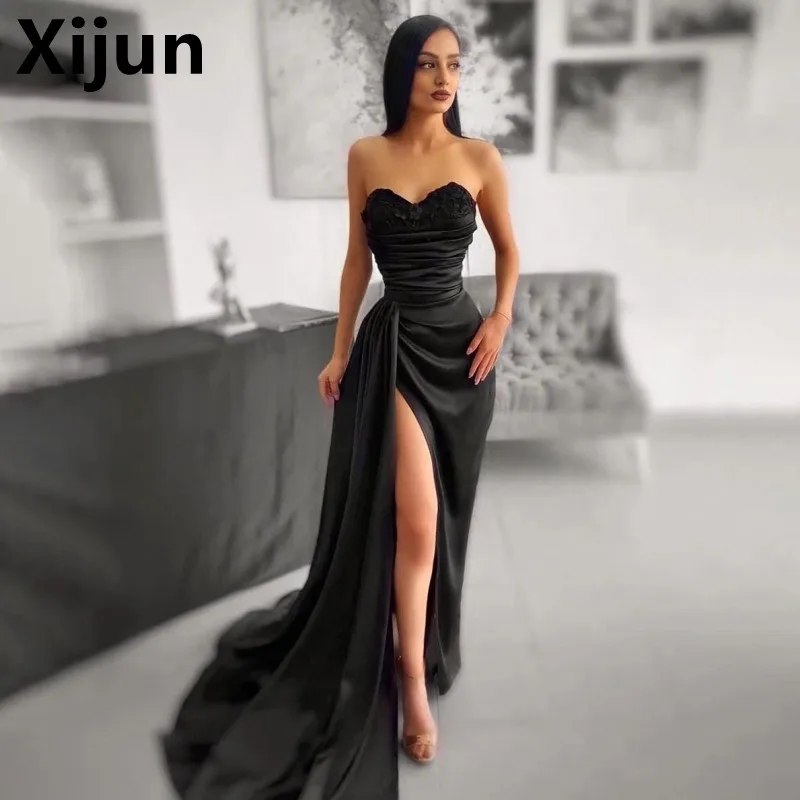 

Женское длинное вечернее платье Xijun, черное атласное платье с высоким разрезом сбоку, кружевной аппликацией и 3D цветами, плиссированное платье Дубая с рюшами для выпускного вечера, 2023