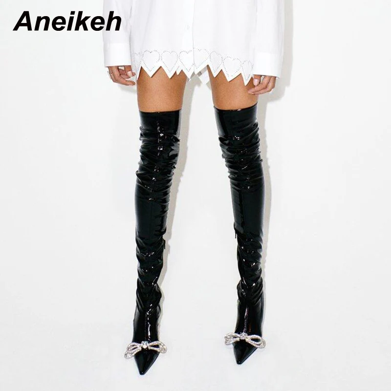 

Aneikeh 2022 New Stretch Fabric Pointed Thin Boots High Heels Water Diamond Bow Decorated Women's Knee Length Botas Femininas 42