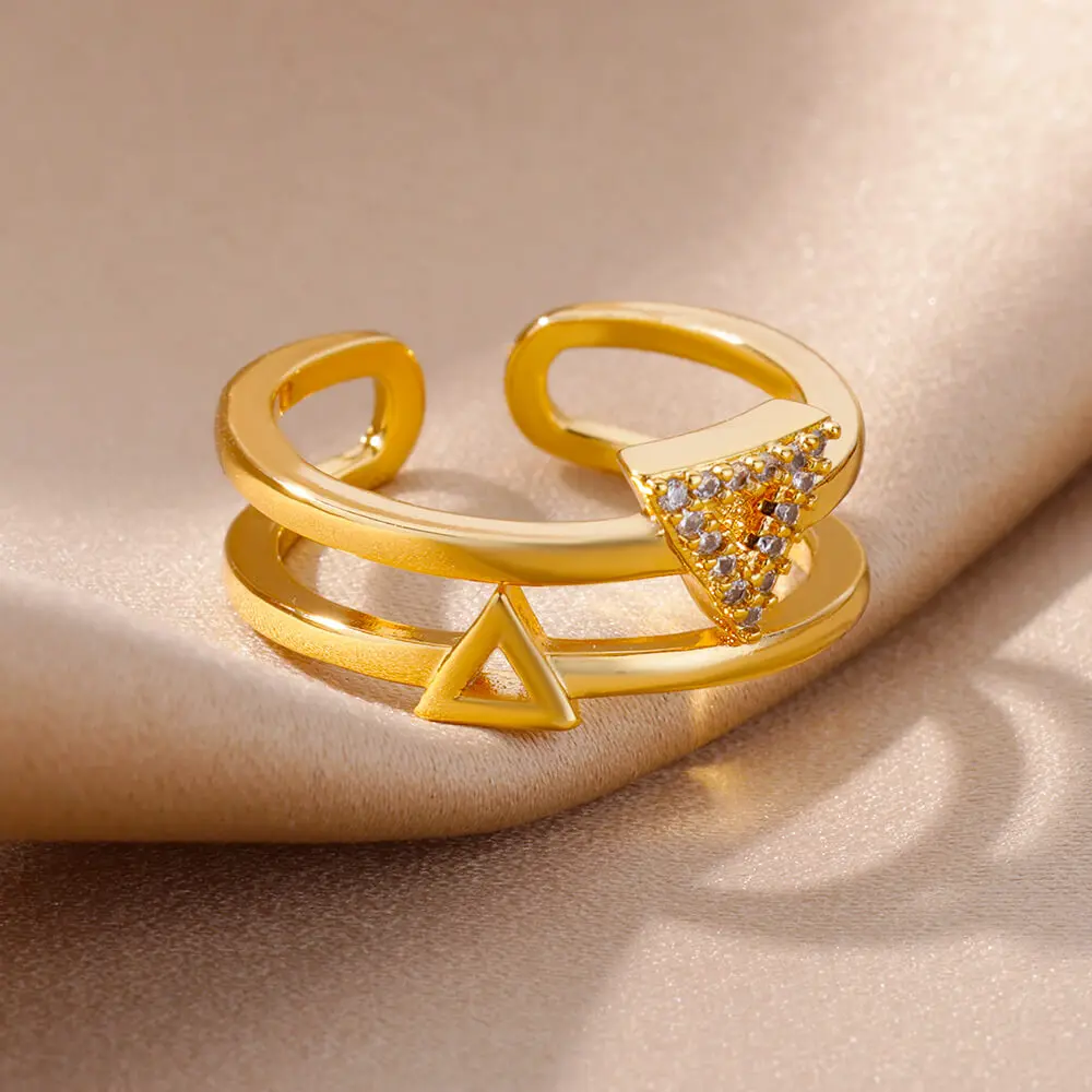 

Zircon Double Triangle Rings For Women Gold Plated Stainless Steel Triangle Geometric Ring Korean Fashion Couple Wedding Jewerly
