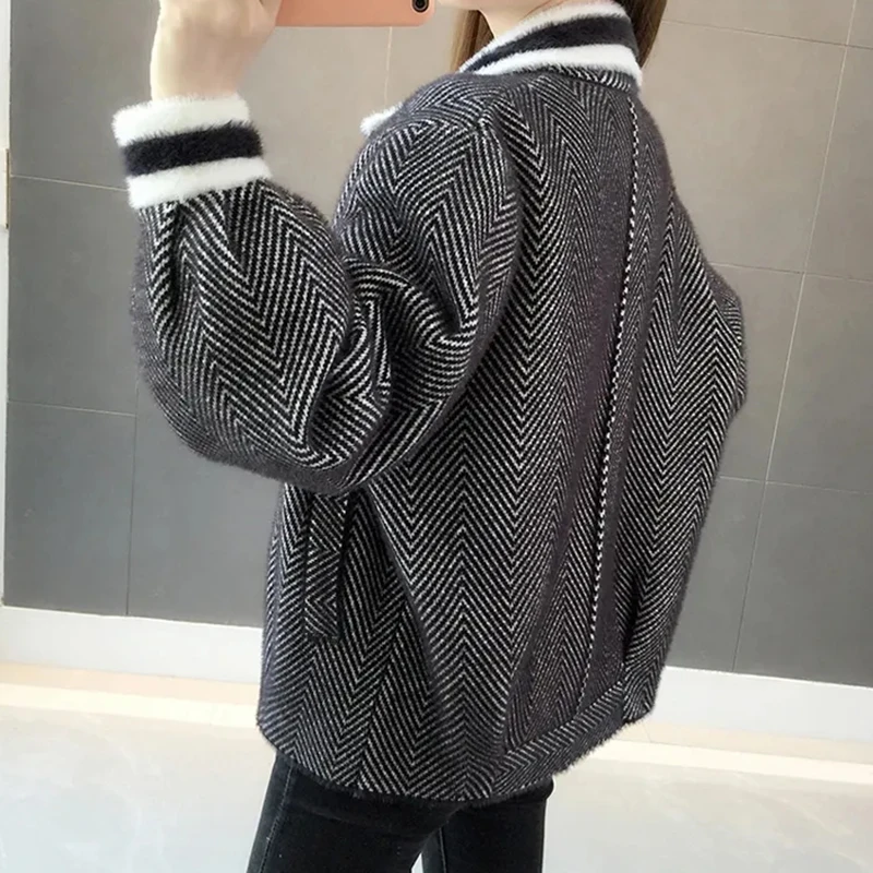 Women's Short Section Pretty Herringbone Wool Jackets Fashion Double Breasted Spring Coats Female Sweater Knitted Mink Jacket