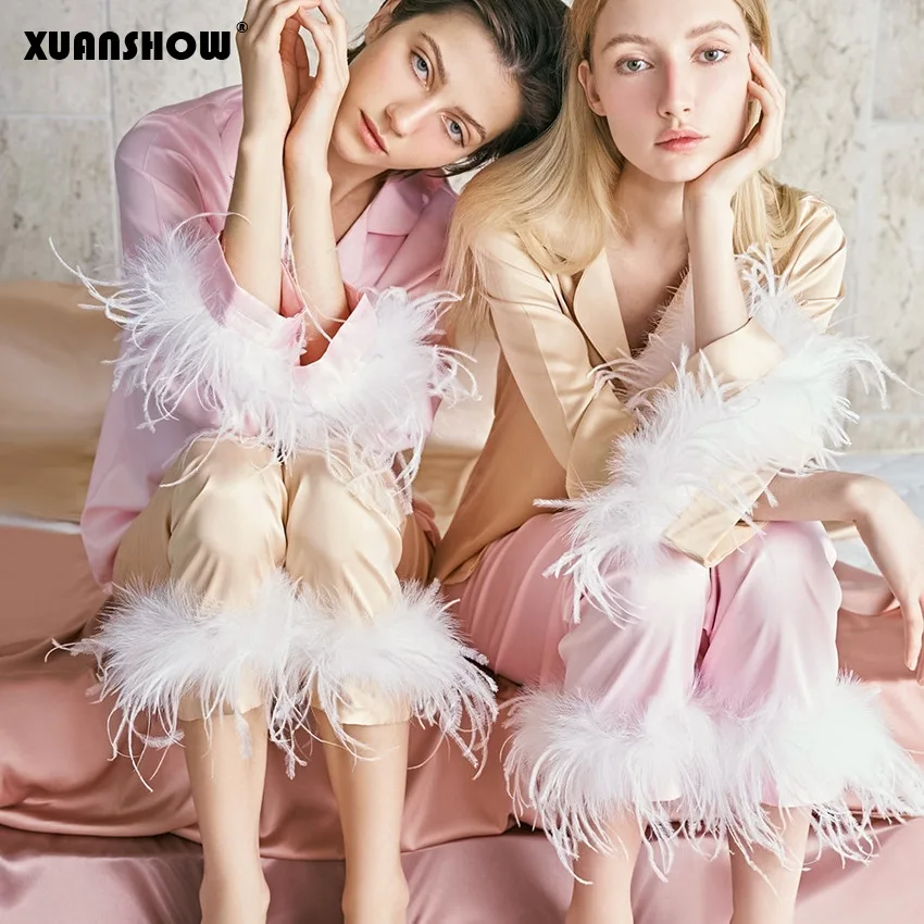 

Female French High Quality Stain Home Clothes Comfortable Feather Stitching Long-sleeved Pajamas Set Ensemble Femme 2 Pieces