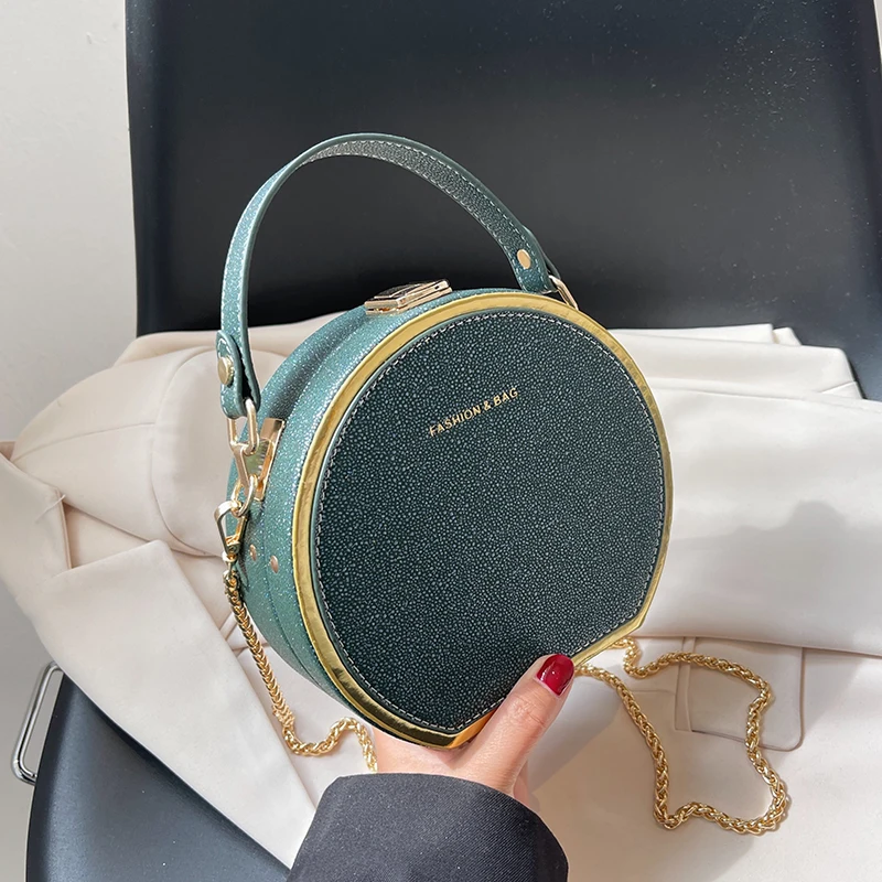 

2022 Round Solid Color Simple PU Leather Crossbody Bags for Women Design Summer Travel Mini Chain Brand Luxury Shoulder Handbags